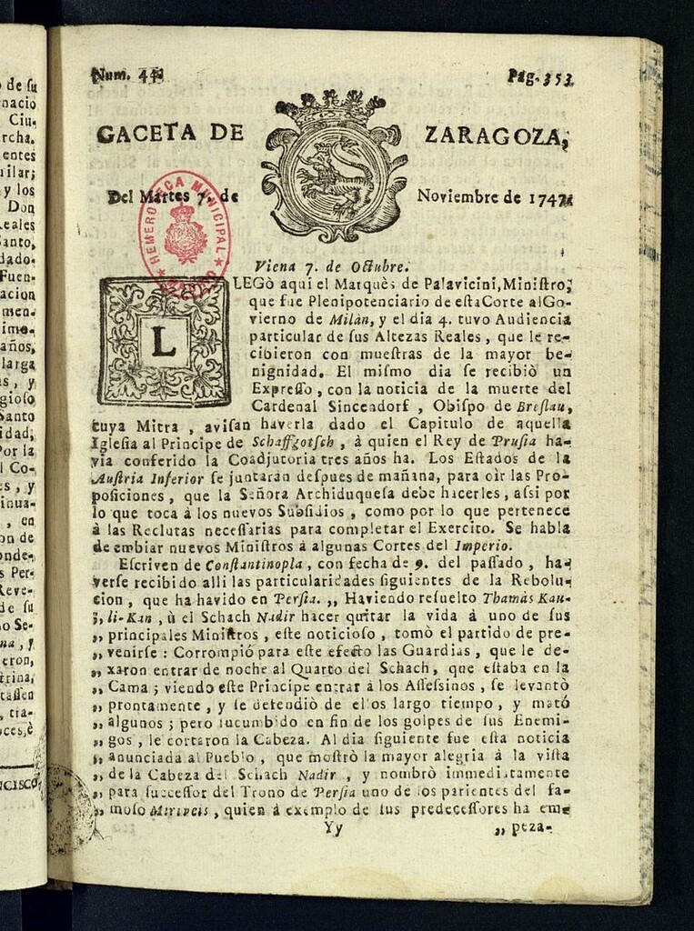 Miniatura de Gazeta de Zaragoza del 7 de noviembre de 1747
