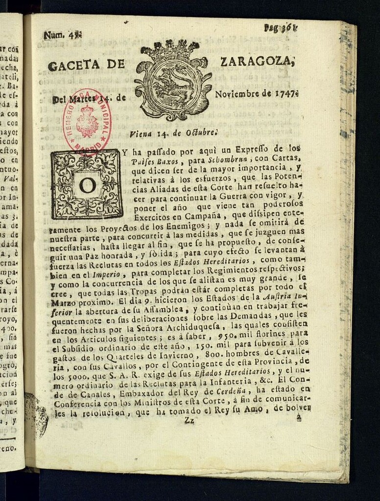 Miniatura de Gazeta de Zaragoza del 14 de noviembre de 1747