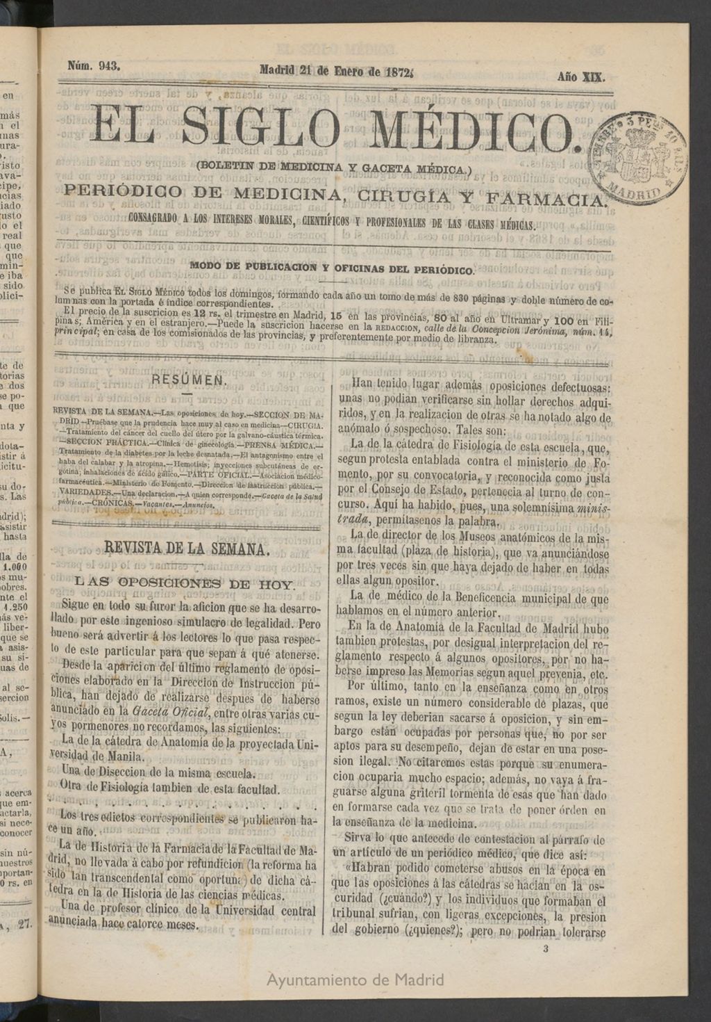 Miniatura de El Siglo Médico: boletín de medicina y gaceta médica del 21 de enero de 1872