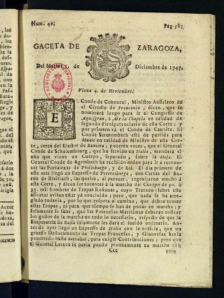 Miniatura de Gazeta de Zaragoza del 5 de diciembre de 1747