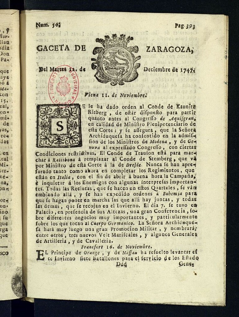 Miniatura de Gazeta de Zaragoza del 12 de diciembre de 1747