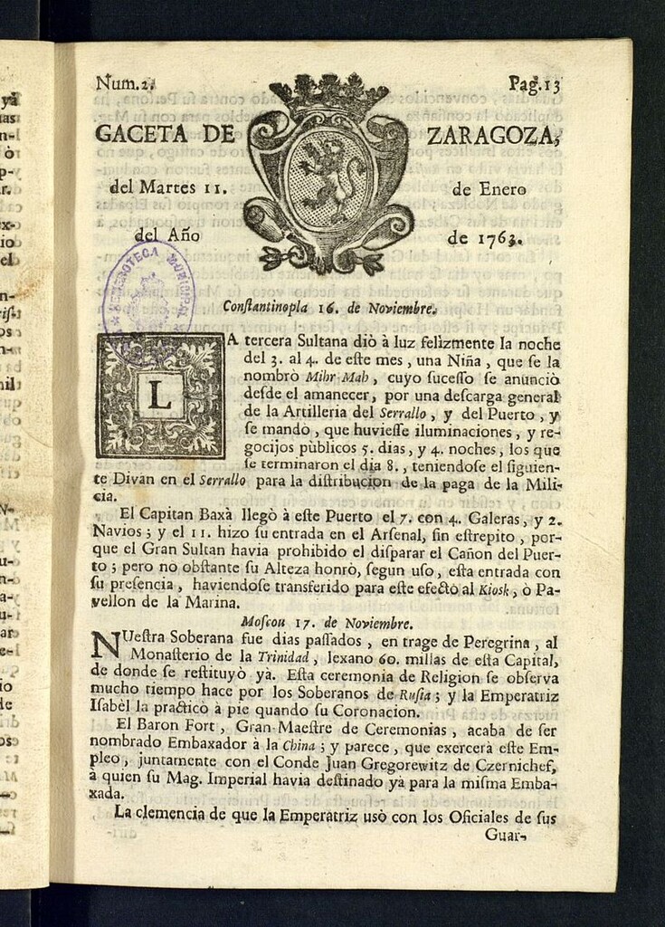 Miniatura de Gazeta de Zaragoza del 11 de enero de 1763