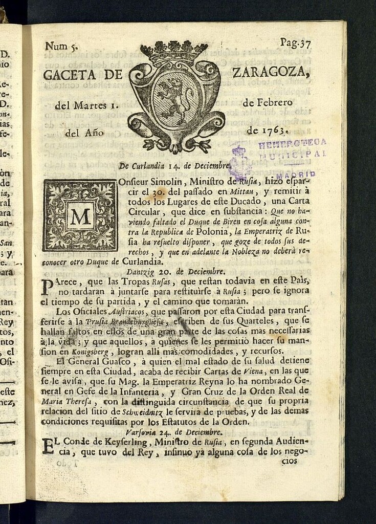 Miniatura de Gazeta de Zaragoza del 1 de febrero de 1763