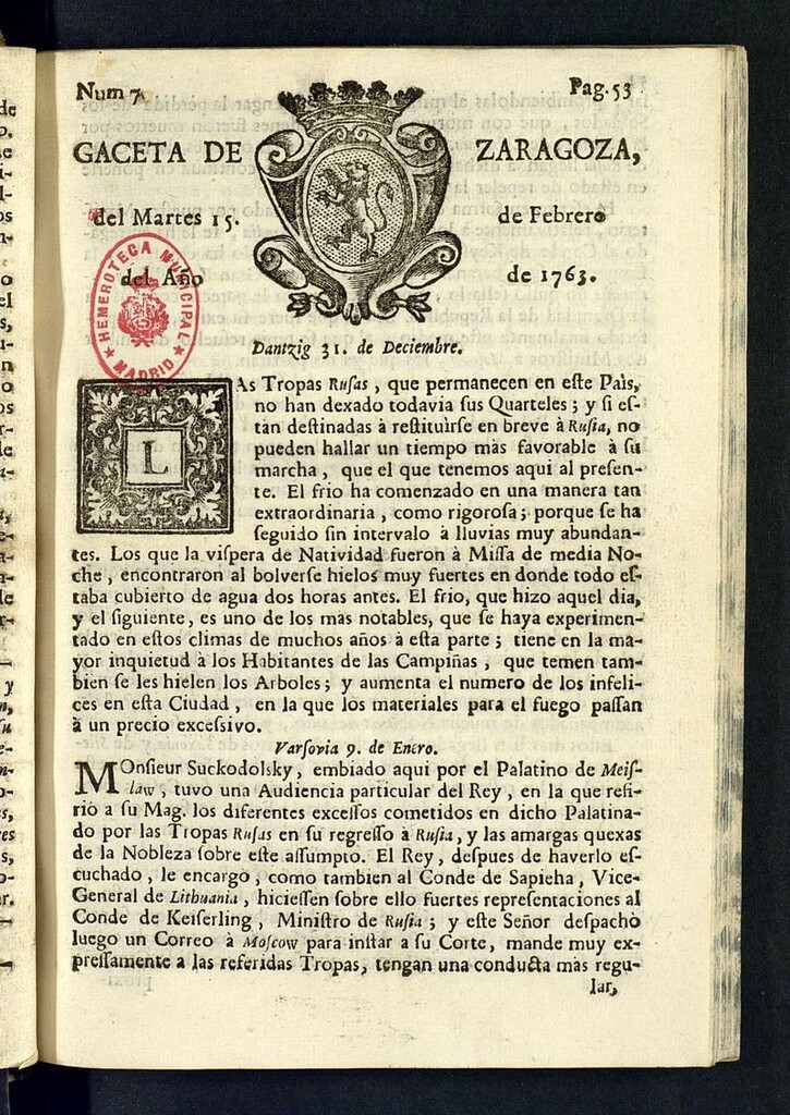 Miniatura de Gazeta de Zaragoza del 15 de febrero de 1763