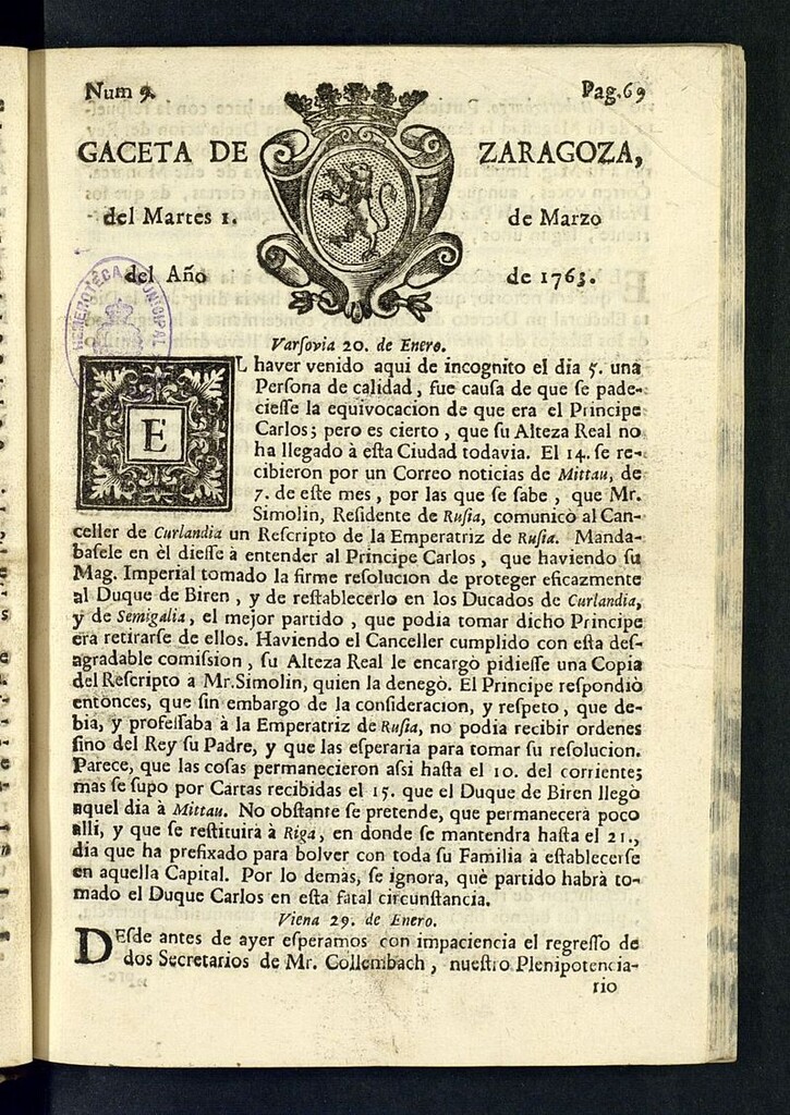 Miniatura de Gazeta de Zaragoza del 1 de marzo de 1763