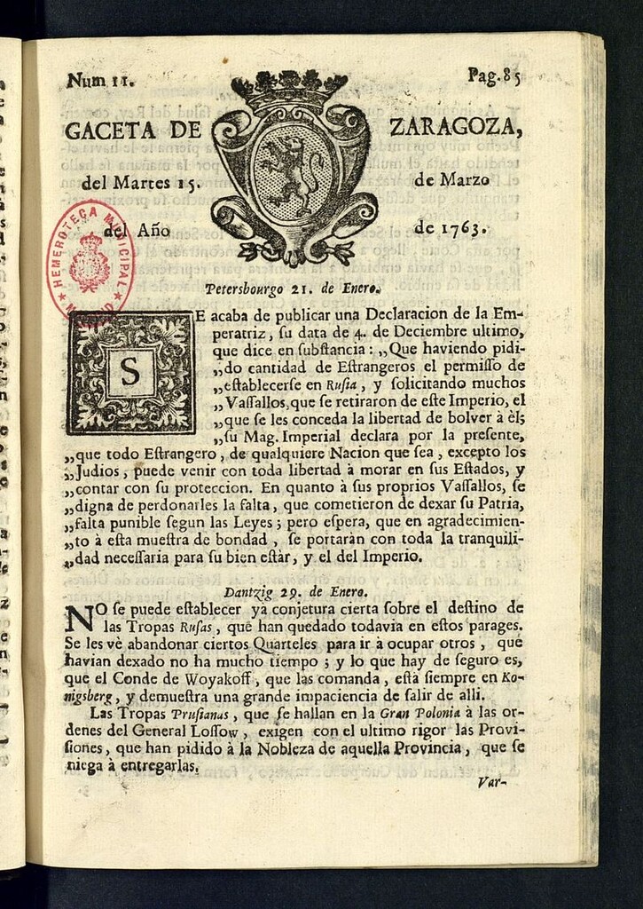 Miniatura de Gazeta de Zaragoza del 15 de marzo de 1763