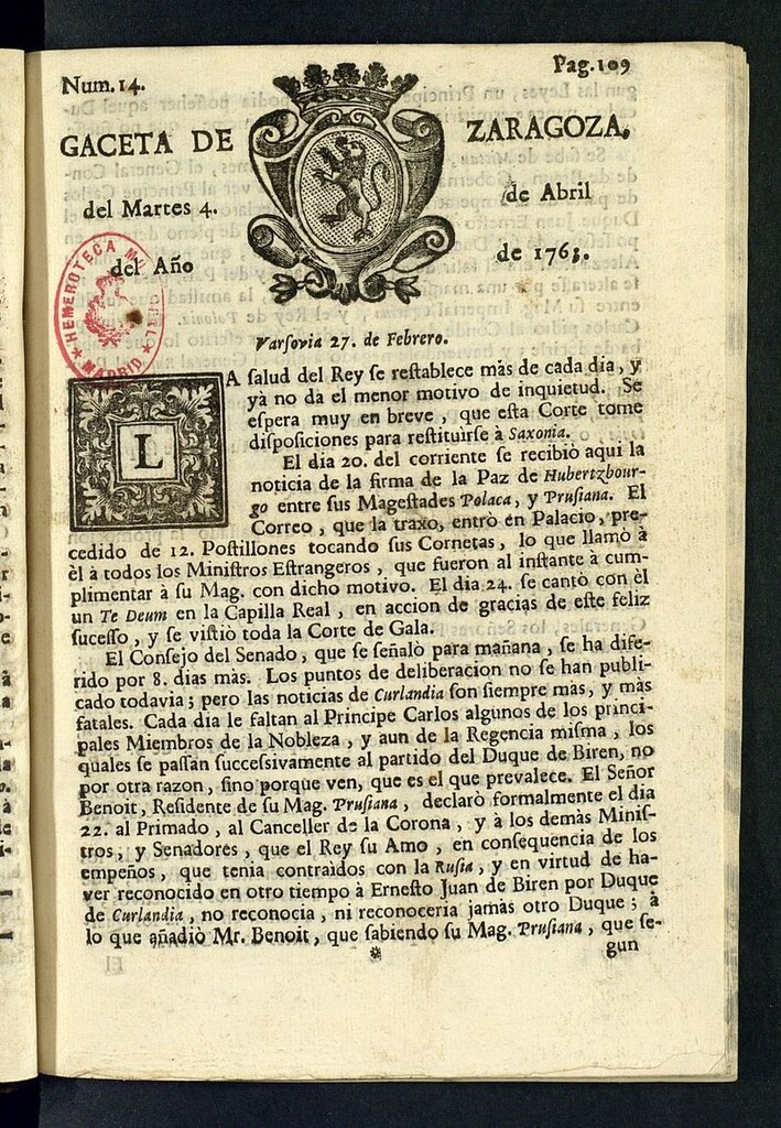 Miniatura de Gazeta de Zaragoza del 4 de abril de 1763
