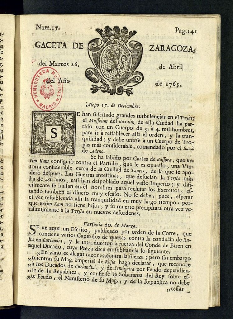 Miniatura de Gazeta de Zaragoza del 26 de abril de 1763