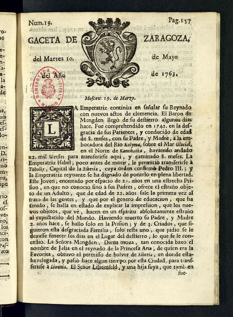 Miniatura de Gazeta de Zaragoza del 10 de mayo de 1763