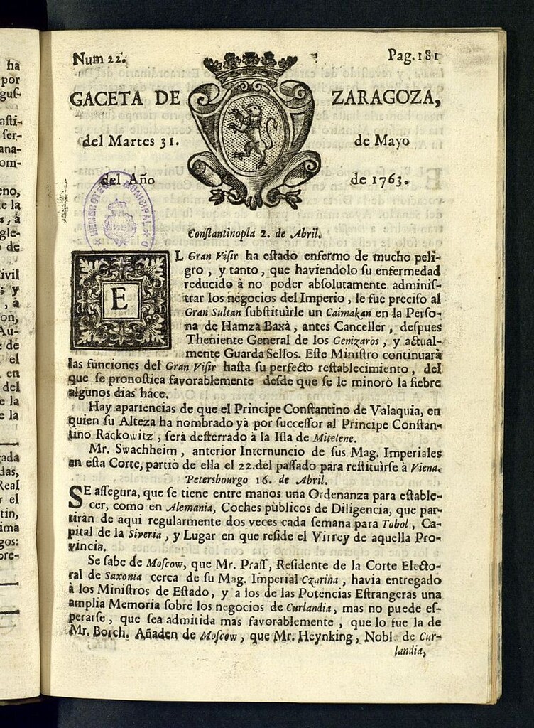 Miniatura de Gazeta de Zaragoza del 31 de mayo de 1763