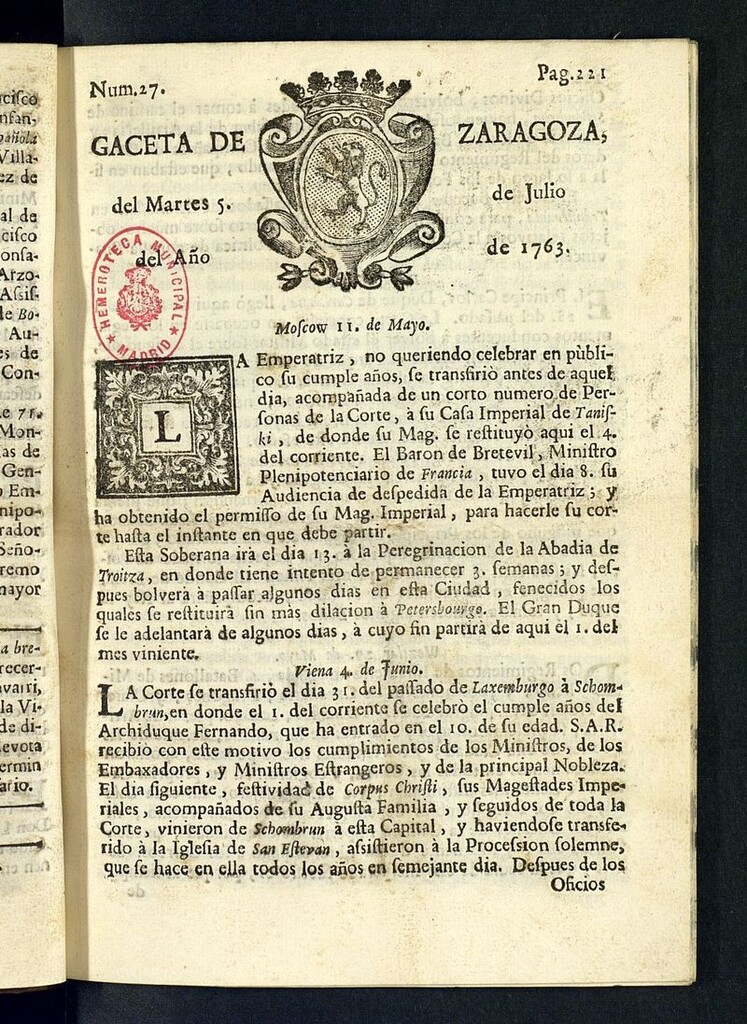 Miniatura de Gazeta de Zaragoza del 5 de julio de 1763