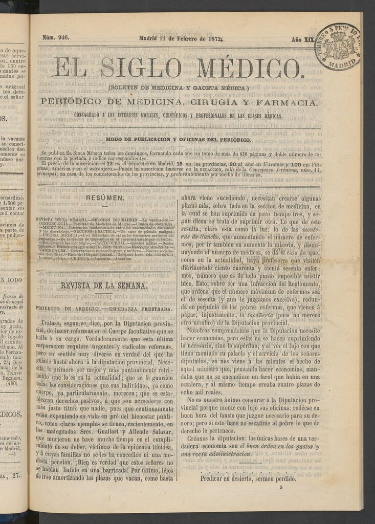 Miniatura de El Siglo Médico: boletín de medicina y gaceta médica del 11 de febrero de 1872