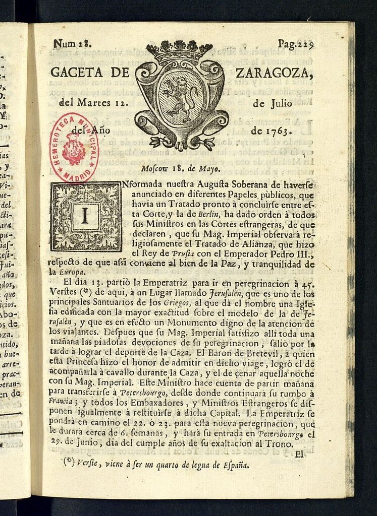 Miniatura de Gazeta de Zaragoza del 12 de julio de 1763