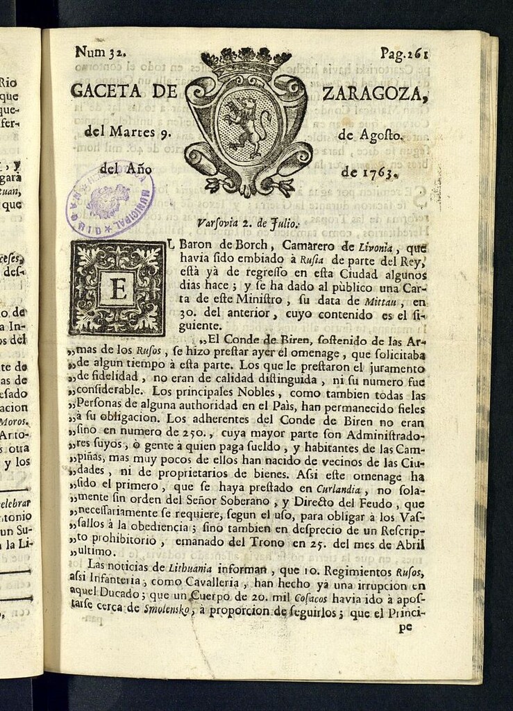 Miniatura de Gazeta de Zaragoza del 9 de agosto de 1763