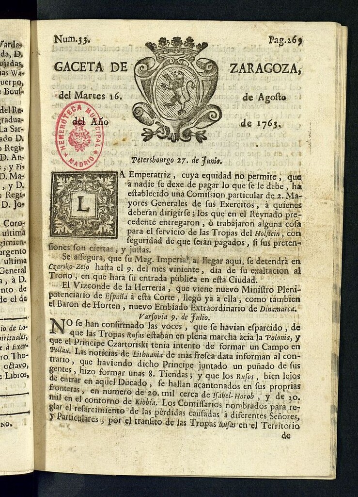 Miniatura de Gazeta de Zaragoza del 16 de agosto de 1763