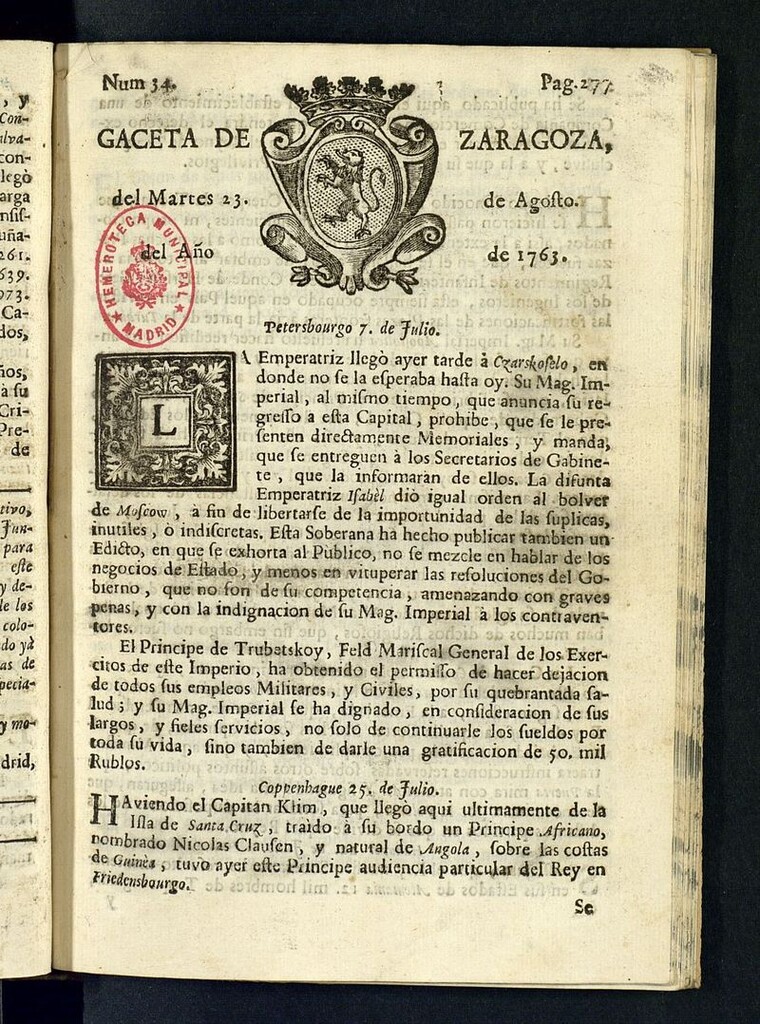 Miniatura de Gazeta de Zaragoza del 23 de agosto de 1763