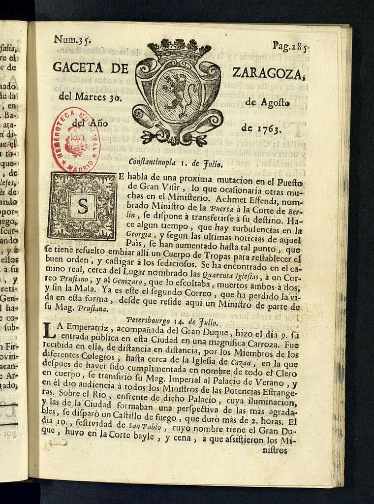 Miniatura de Gazeta de Zaragoza del 30 de agosto de 1763