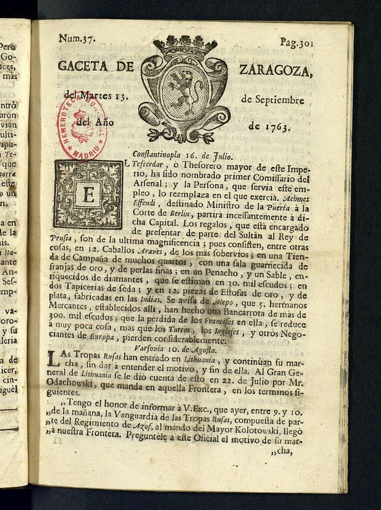 Miniatura de Gazeta de Zaragoza del 13 de septiembre de 1763
