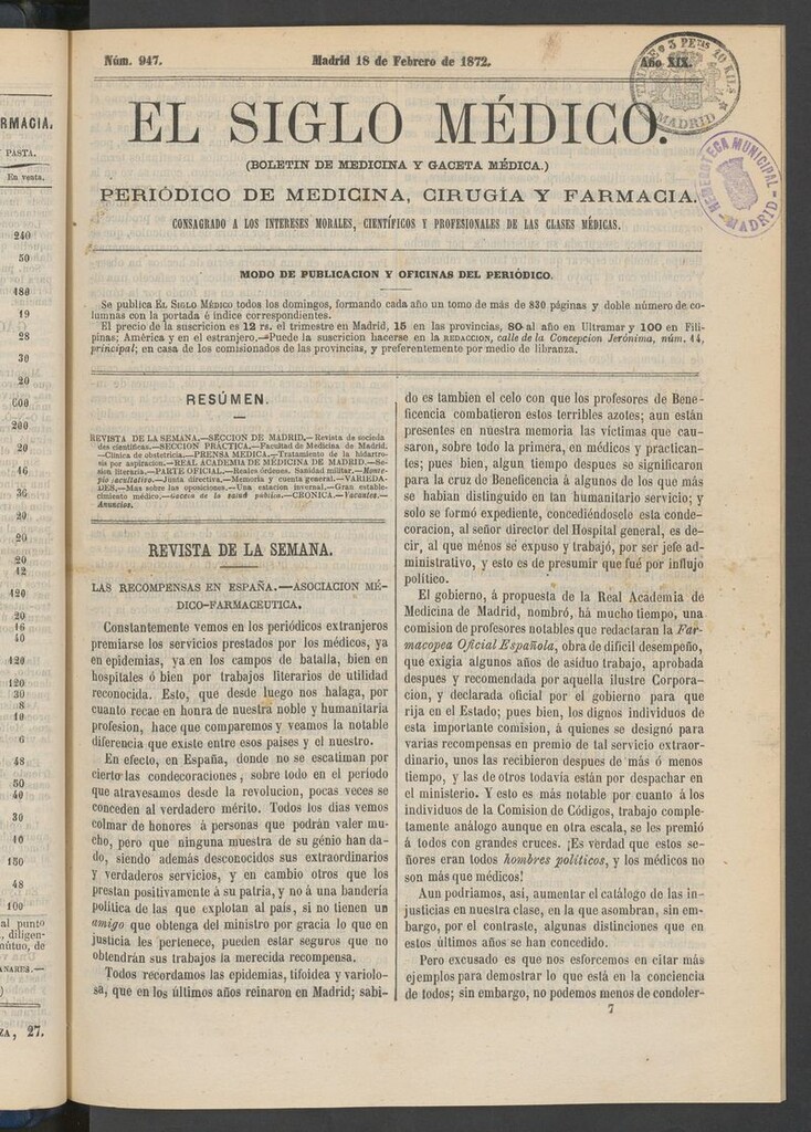 Miniatura de El Siglo Médico: boletín de medicina y gaceta médica del 18 de febrero de 1872