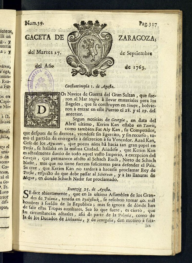 Miniatura de Gazeta de Zaragoza del 27 de septiembre de 1763