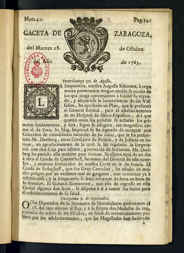 Miniatura de Gazeta de Zaragoza del 18 de octubre de 1763