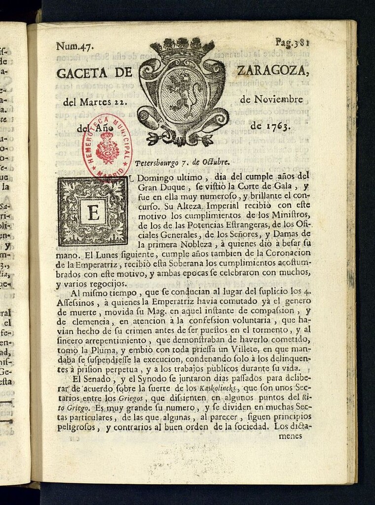 Miniatura de Gazeta de Zaragoza del 22 de noviembre de 1763