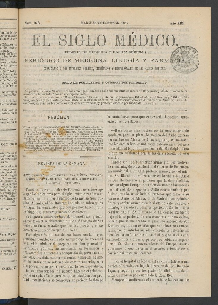 Miniatura de El Siglo Médico: boletín de medicina y gaceta médica del 25 de febrero de 1872