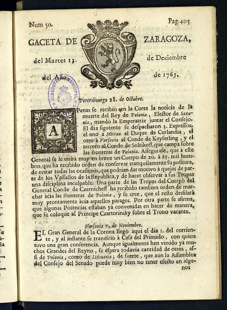 Miniatura de Gazeta de Zaragoza del 13 de diciembre de 1763