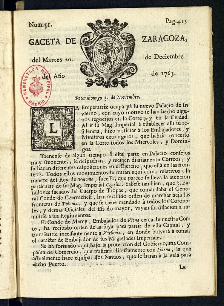 Miniatura de Gazeta de Zaragoza del 20 de diciembre de 1763