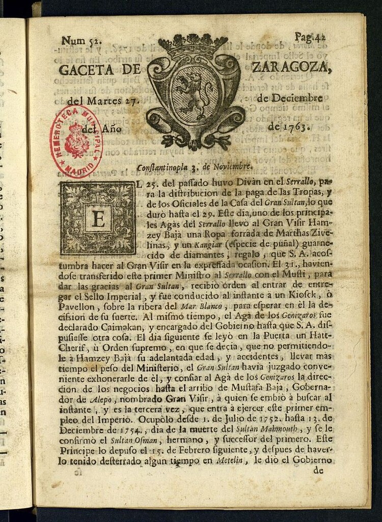 Miniatura de Gazeta de Zaragoza del 27 de diciembre de 1763