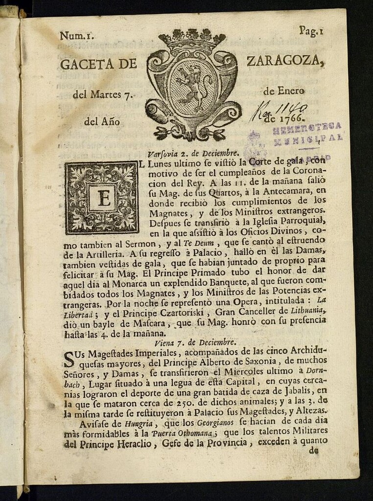 Miniatura de Gazeta de Zaragoza del 7 de enero de 1766