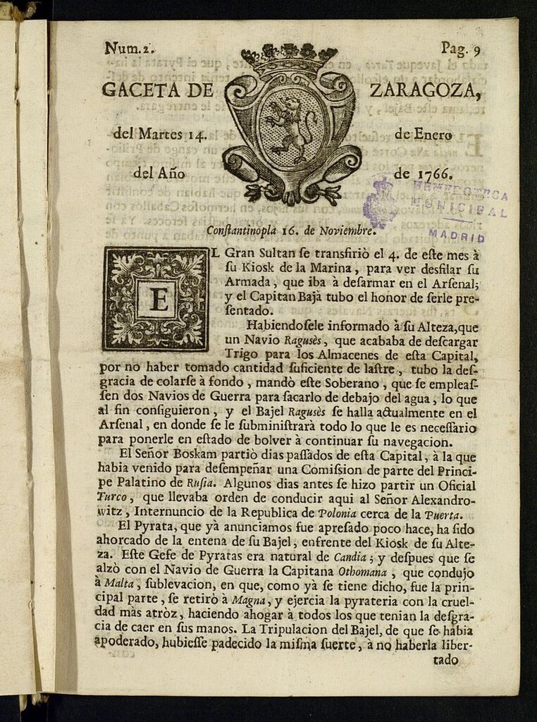 Miniatura de Gazeta de Zaragoza del 14 de enero de 1766