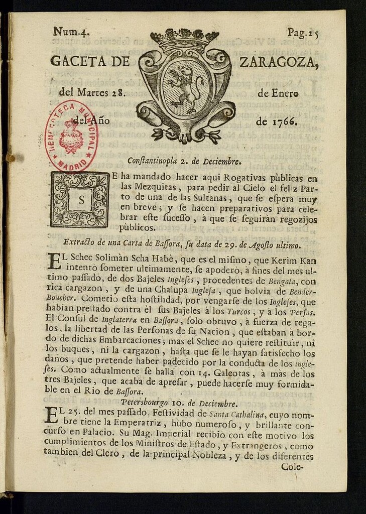 Miniatura de Gazeta de Zaragoza del 28 de enero de 1766