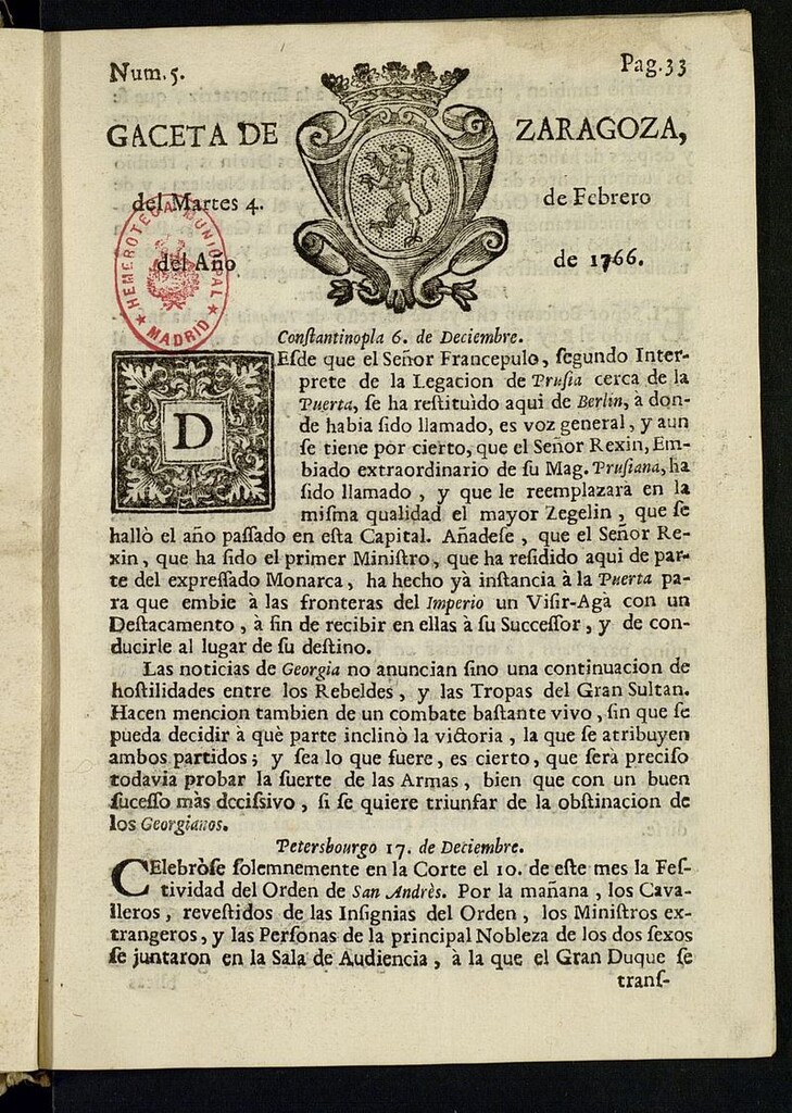 Miniatura de Gazeta de Zaragoza del 4 de febrero de 1766