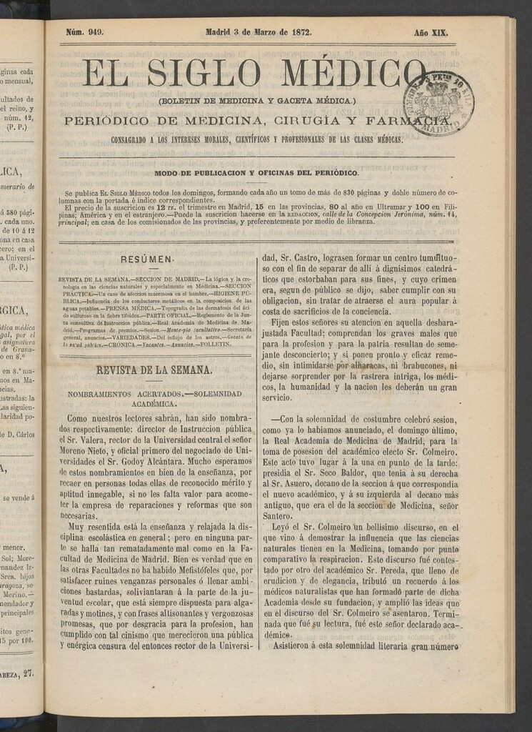 Miniatura de El Siglo Médico: boletín de medicina y gaceta médica del 3 de marzo de 1872