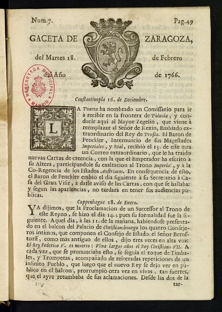 Miniatura de Gazeta de Zaragoza del 18 de febrero de 1766