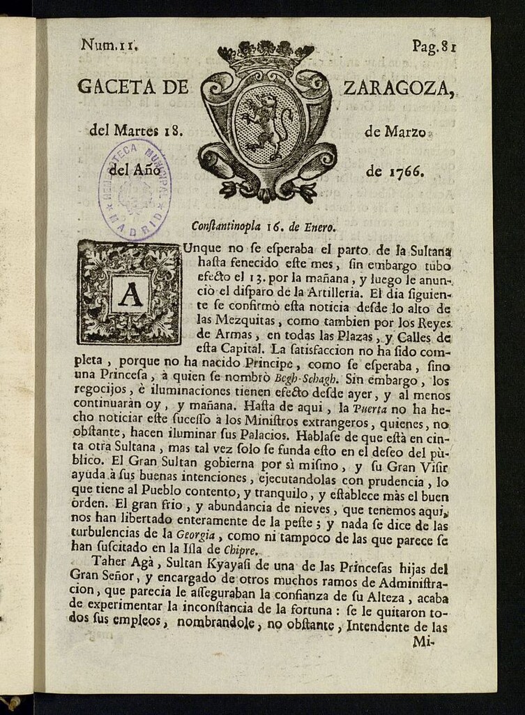 Miniatura de Gazeta de Zaragoza del 18 de marzo de 1766