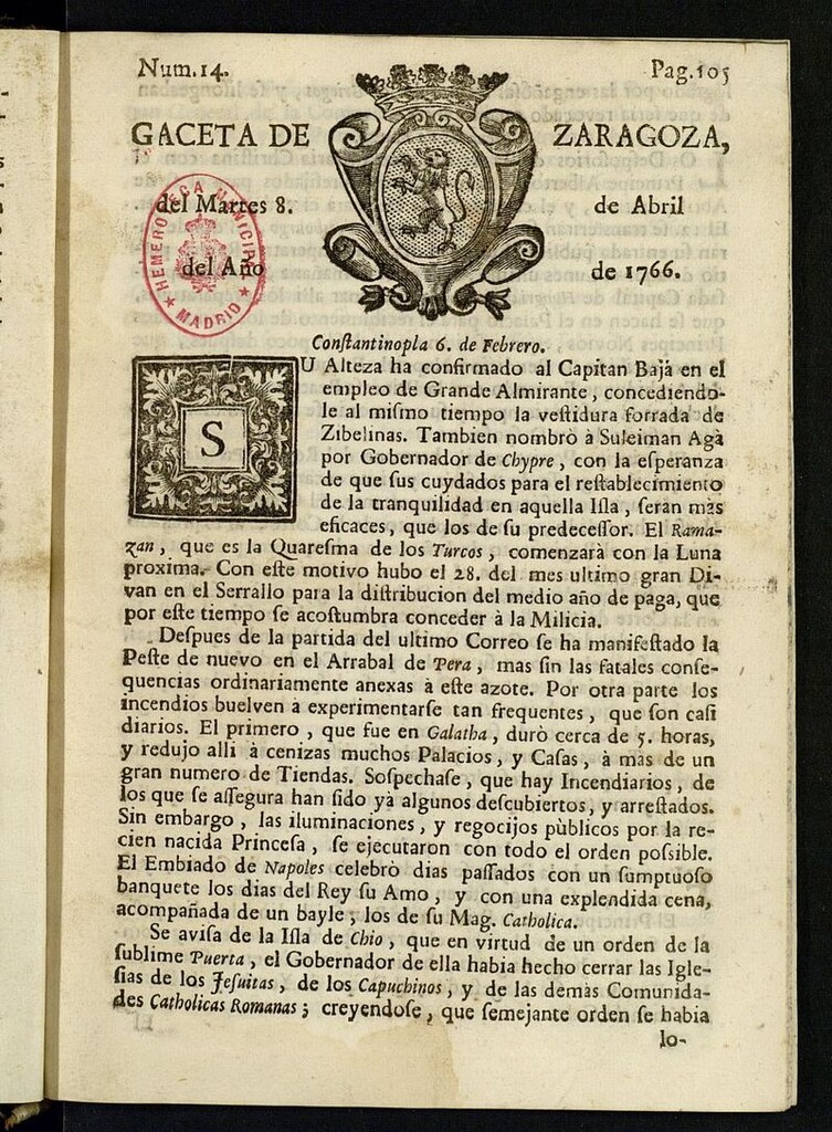 Miniatura de Gazeta de Zaragoza del 8 de abril de 1766