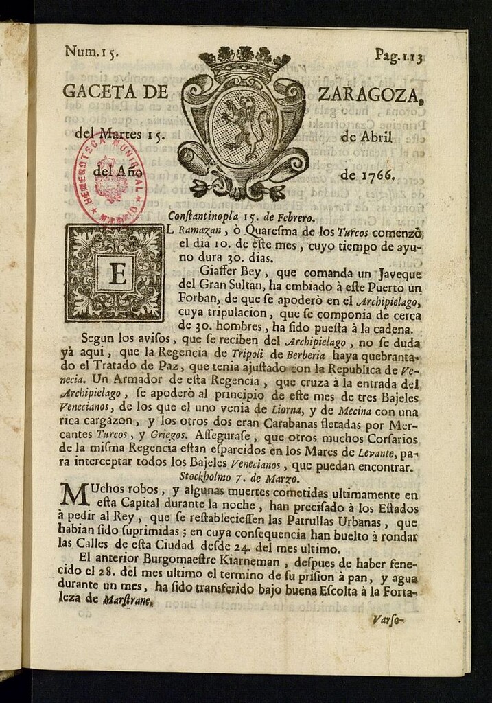 Miniatura de Gazeta de Zaragoza del 15 de abril de 1766