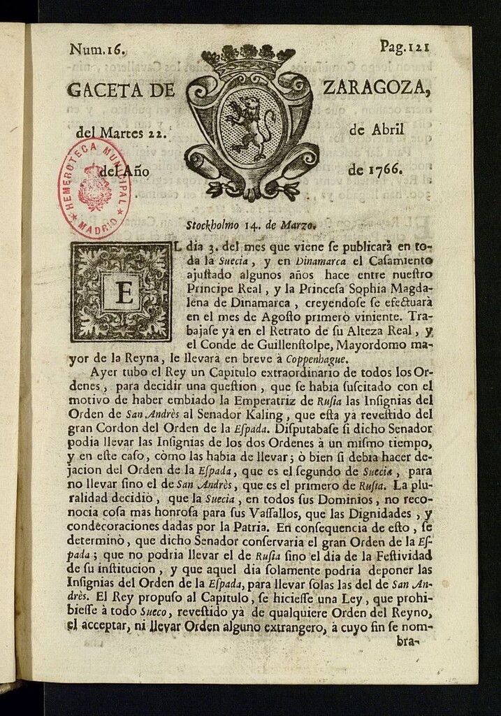 Miniatura de Gazeta de Zaragoza del 22 de abril de 1766