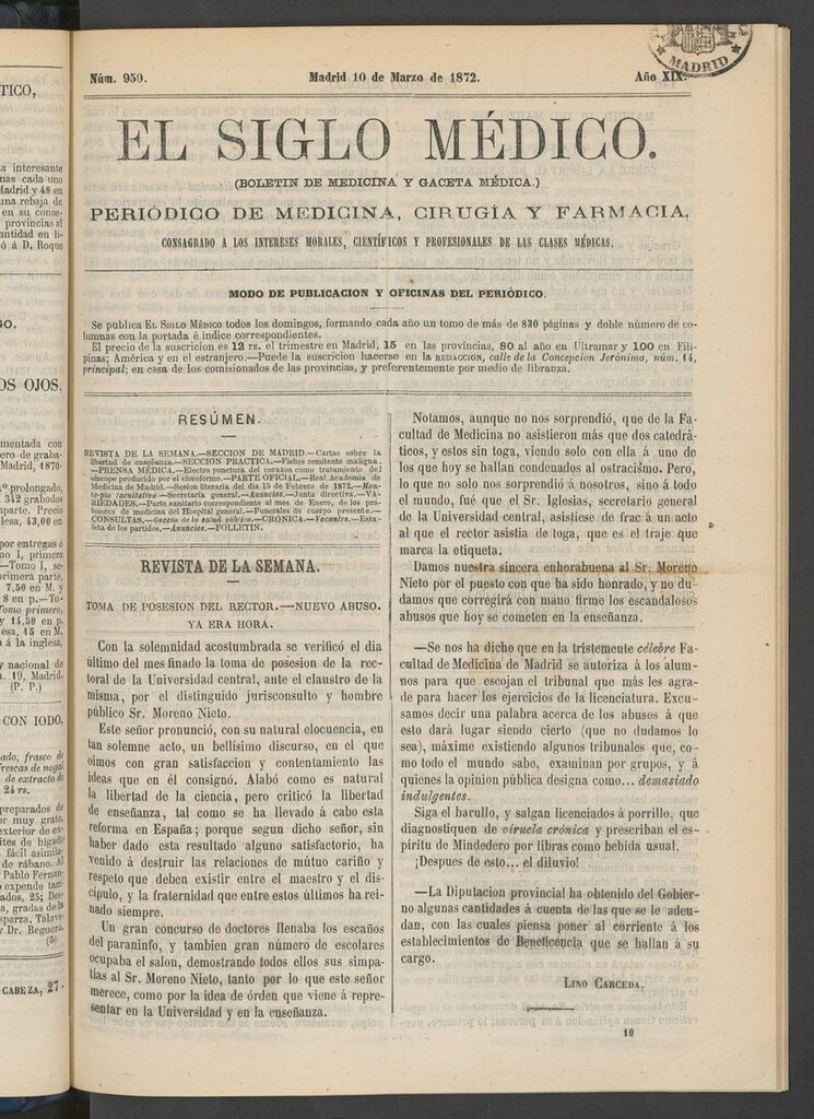 Miniatura de El Siglo Médico: boletín de medicina y gaceta médica del 10 de marzo de 1872