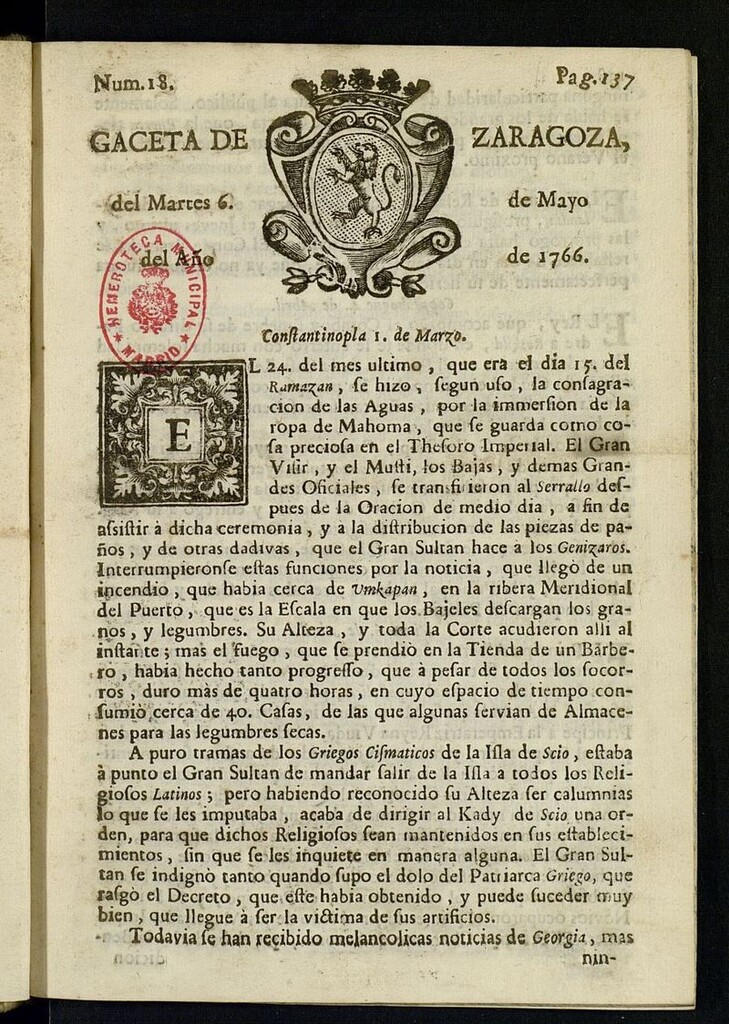 Miniatura de Gazeta de Zaragoza del 6 de mayo de 1766
