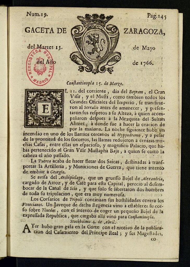 Miniatura de Gazeta de Zaragoza del 13 de mayo de 1766