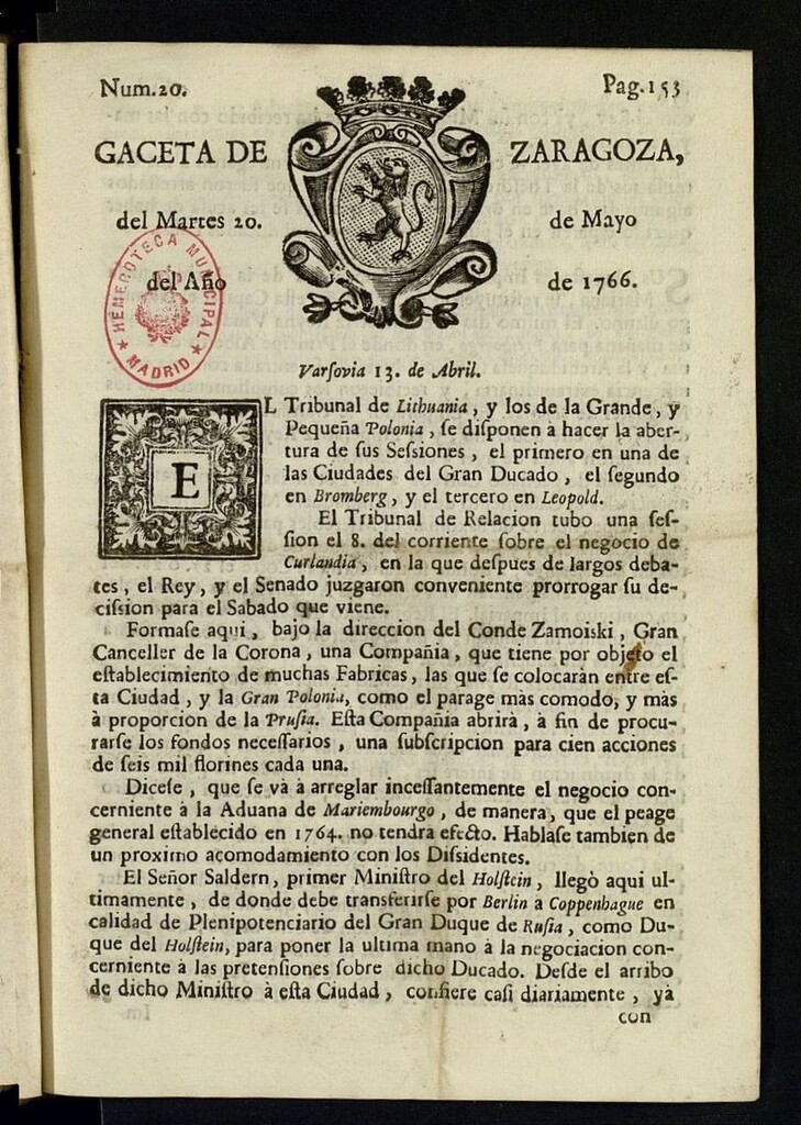 Miniatura de Gazeta de Zaragoza del 20 de mayo de 1766