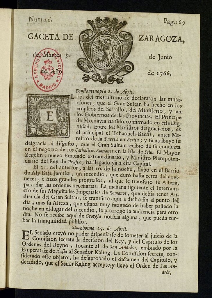 Miniatura de Gazeta de Zaragoza del 3 de junio de 1766