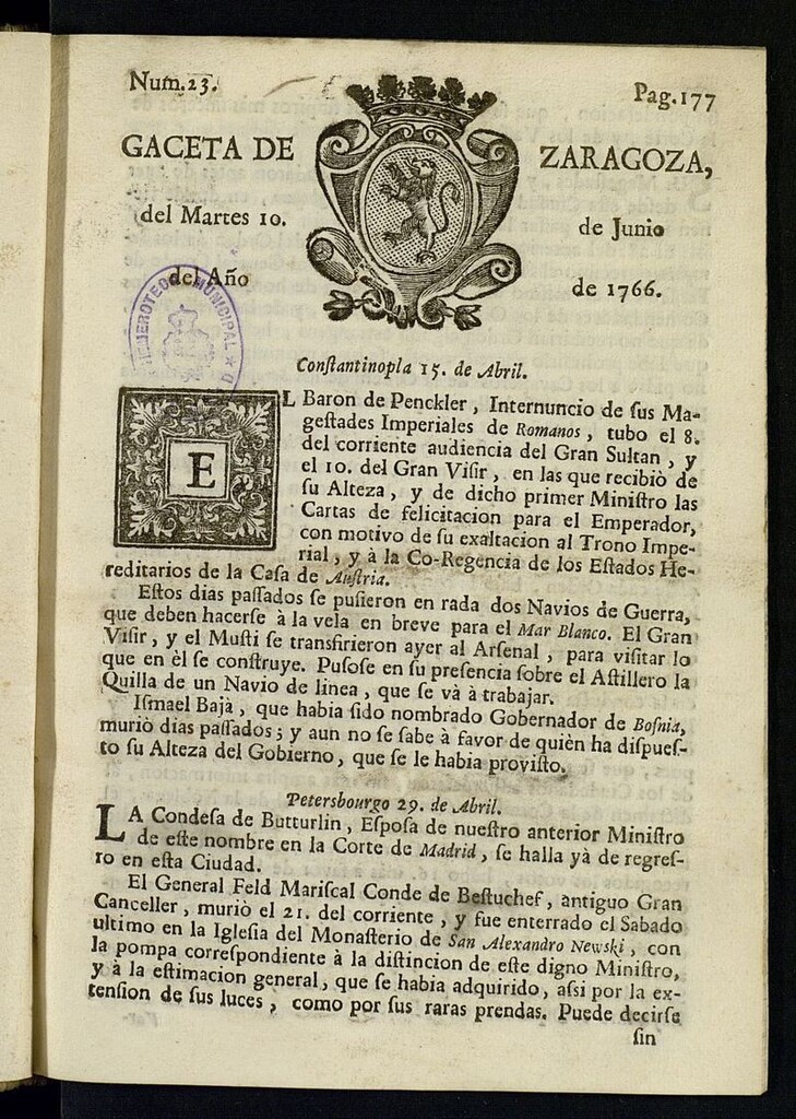 Miniatura de Gazeta de Zaragoza del 10 de junio de 1766