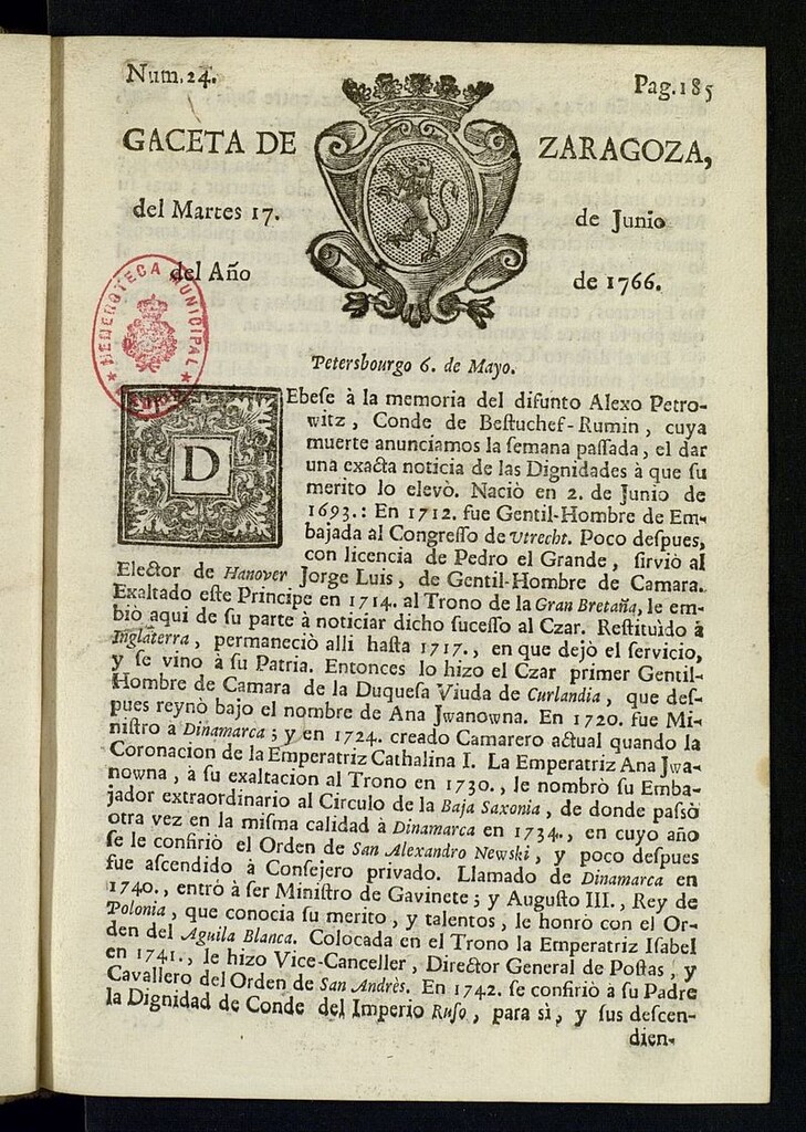 Miniatura de Gazeta de Zaragoza del 17 de junio de 1766