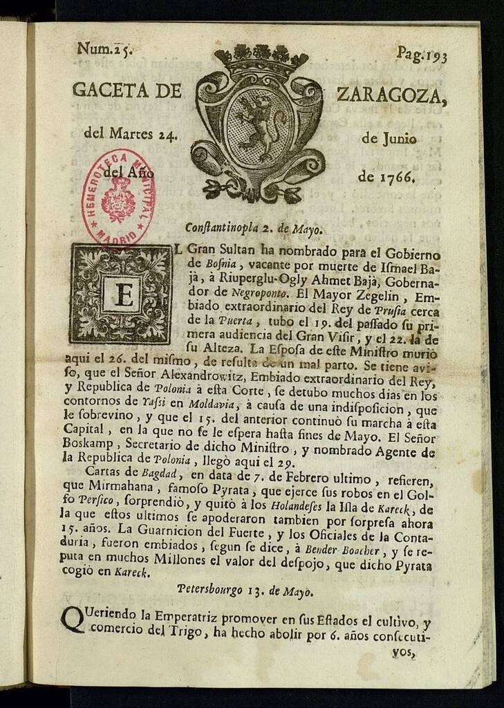 Miniatura de Gazeta de Zaragoza del 24 de junio de 1766