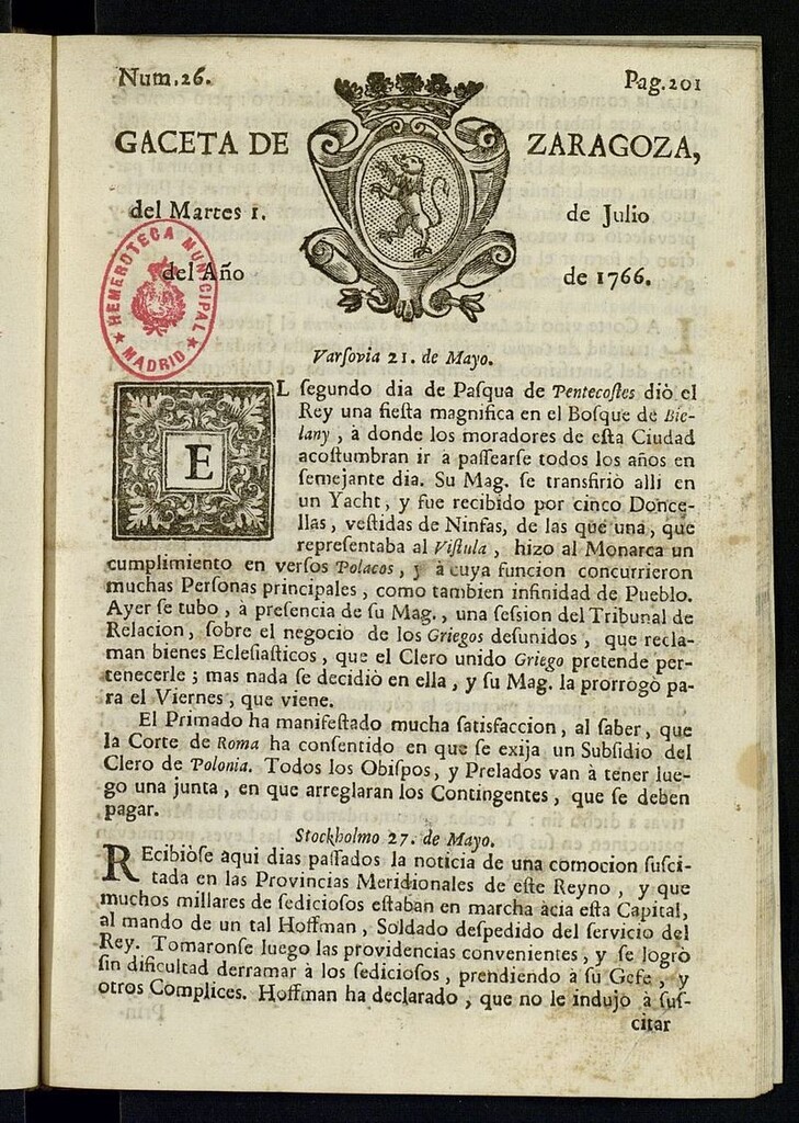 Miniatura de Gazeta de Zaragoza del 1 de julio de 1766