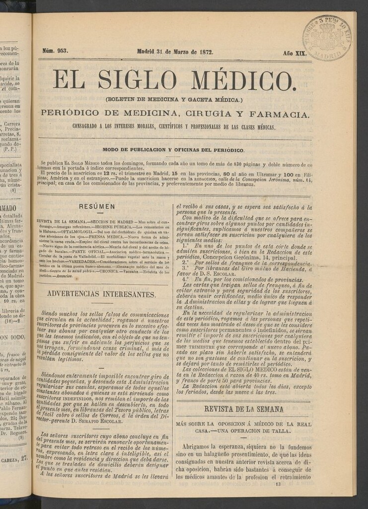 Miniatura de El Siglo Médico: boletín de medicina y gaceta médica del 31 de marzo de 1872